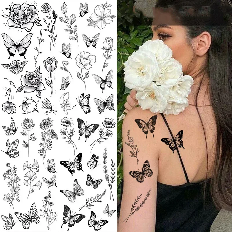 Body Jewelry Tattoo - 여자를위한 나비 가짜 문신 검은 꽃