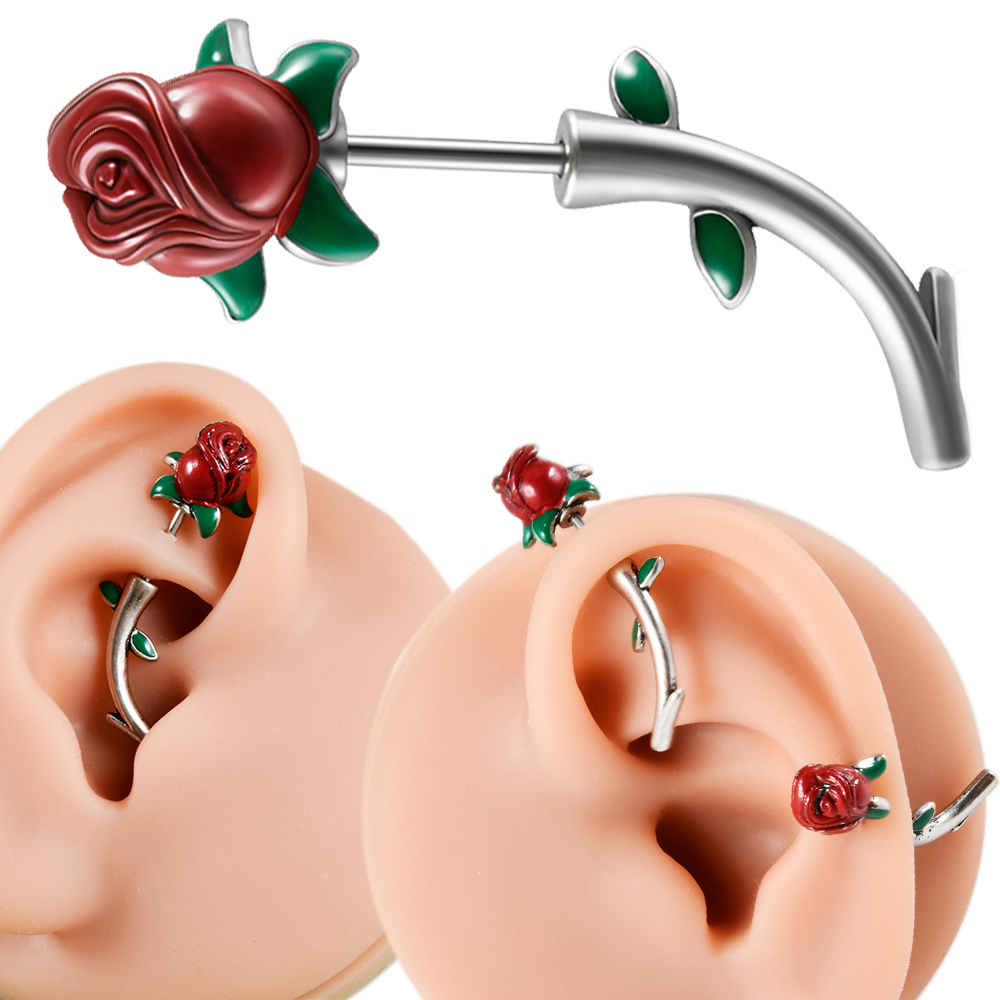 Body Jewelry Barbell - 외과 스틸 레드 로즈 플라워 룩