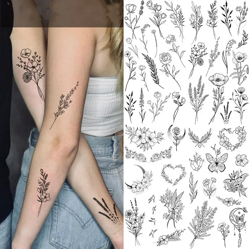 여자를위한 나비 가짜 문신 검은 꽃 문신 스케치 문신  - Body Jewelry Tattoo 리뷰 및 가격