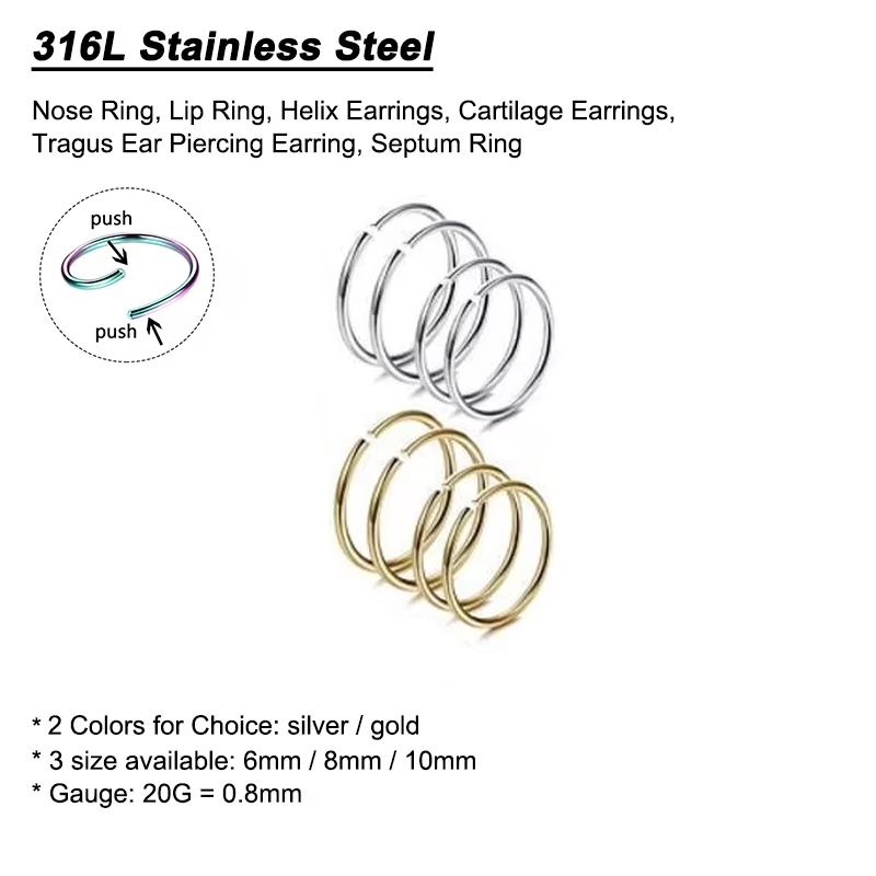 6개/세트 저자극성 코링 후프 316L 외과용 스테인리 - Body Jewelry And Earrings 리뷰 및 가격
